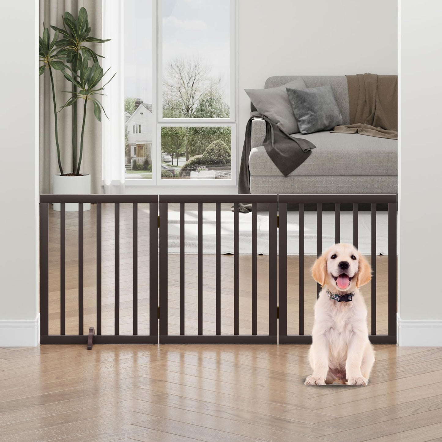 Dog Gate Freestanding Dog Gates for Doorways Foldable Dog Gate Indoor Pet Gates for Doorways Bedroom Puppy Gate with Metal Support Feet Room Divider 3 Panels (Brown)