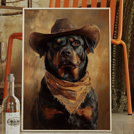 Western Cowboy Rottweiler Druck – Rustikale Wildwest-Hundekunst
