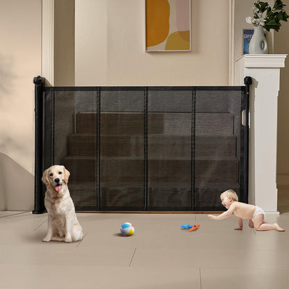 VEVOR Baby Gate Dog Gate Retractable for Stairs Indoor Extends up to 60" Wide Mesh Dog Gate for Doorways 34" Tall Safety Dog Gates for The House Easy to Use Pet Gate for Stairway & Ourdoors Black