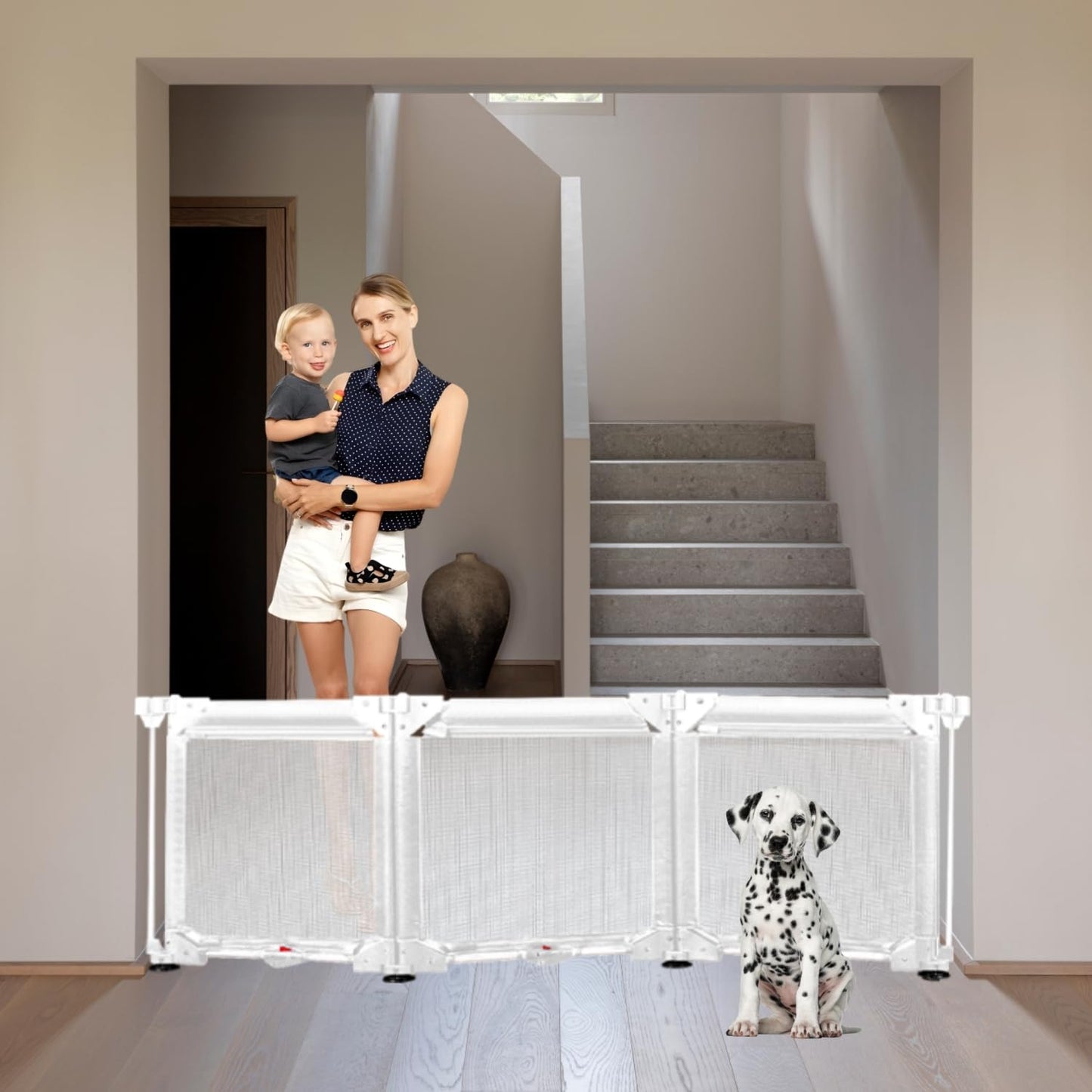 24 Inch Tall Dog Gate 3-Panel Free Standing Pet Gate with Suction Cups 60" Wide Step Over Dog Gate Foldable Gate No Drill Retractable Mesh Gate Puppy Gates for Doorways Stairs Hallways White