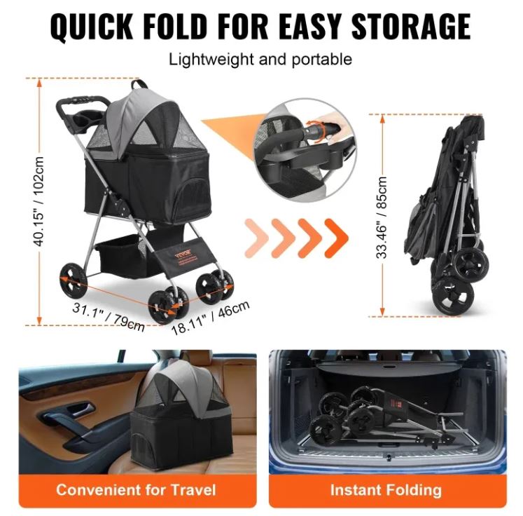VEVOR Pet Stroller | 4-Wheel Rotating, 35 lb Capacity, Brake, Weatherproof Canopy