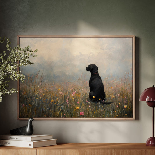 Gelassener schwarzer Labrador in Wildblumen – Rustikaler Hundekunstdruck