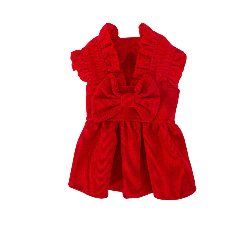 Dog New Year Princess Dress - Festive Red Corduroy Outfit for Pets