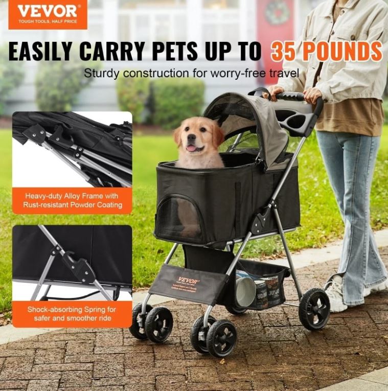 VEVOR Pet Stroller | 4-Wheel Rotating, 35 lb Capacity, Brake, Weatherproof Canopy