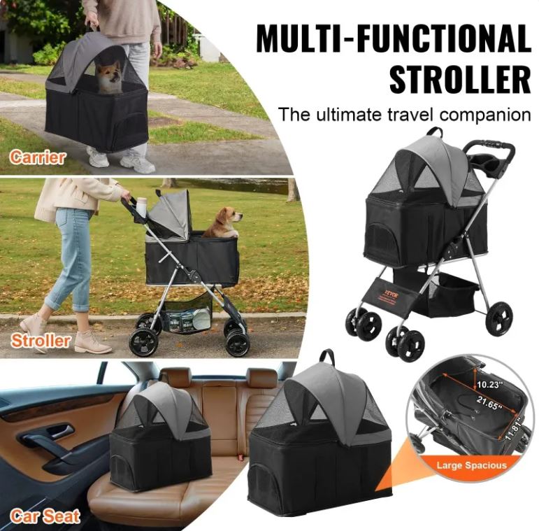 VEVOR Pet Stroller | 4-Wheel Rotating, 35 lb Capacity, Brake, Weatherproof Canopy