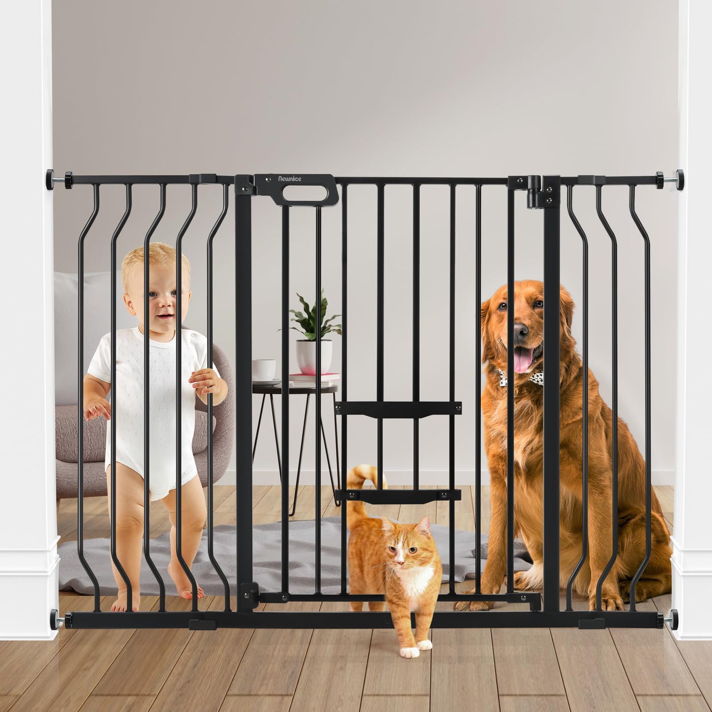 Newnice Baby Gate with Cat Door 33" Tall 29.9-47.6" Auto Close Metal Dog Gate for Stairs Pressure Mounted Dog Gate for Doorways Stairs Kitchen Walk Thru Safety Gate with Small Pet Door Black