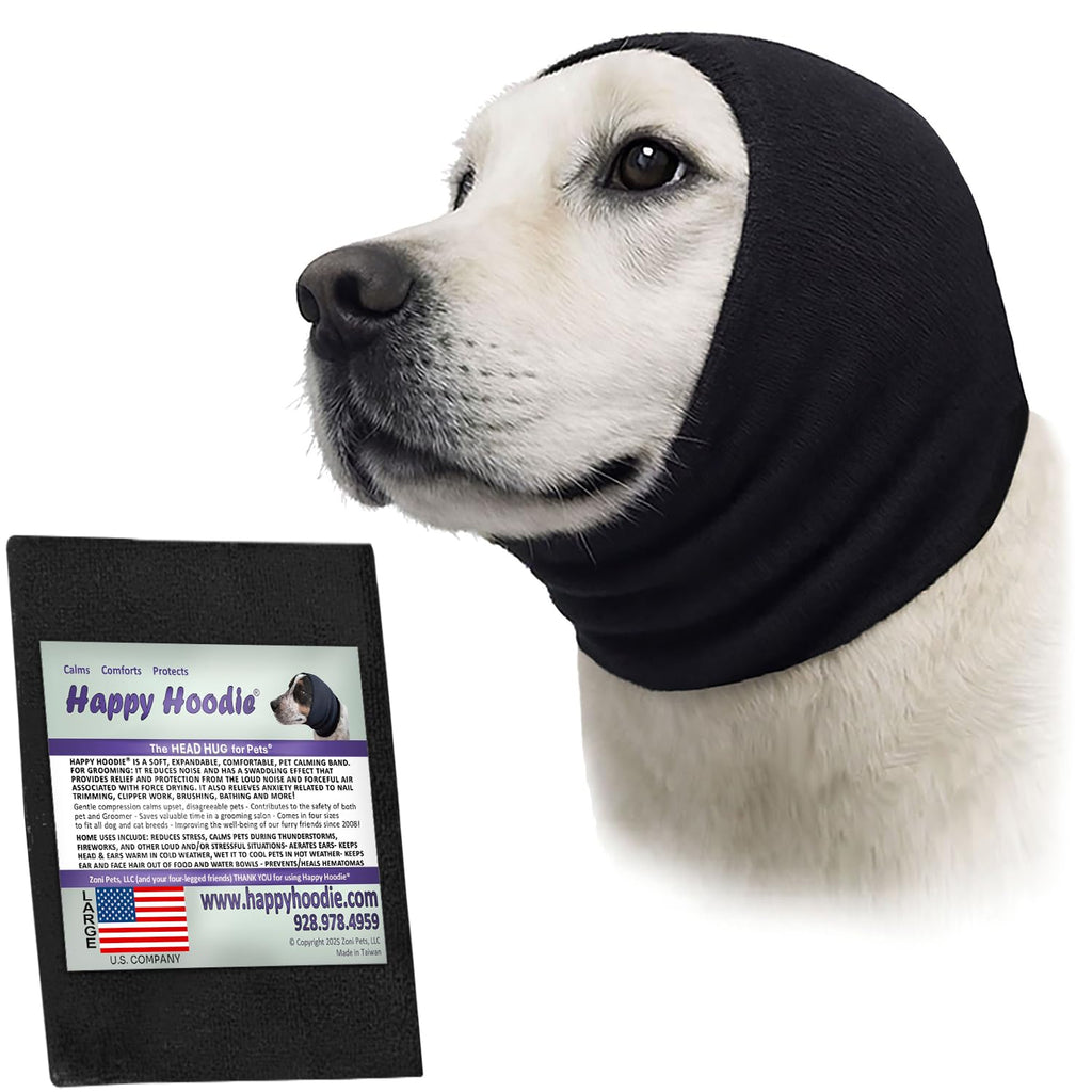 Happy Hoodie The Original Dog & Cat Calming Band - American Brand - Anxiety Relief/Noise Protection - Grooming - Thunder - Fireworks (Large, Black) - Since 2008
