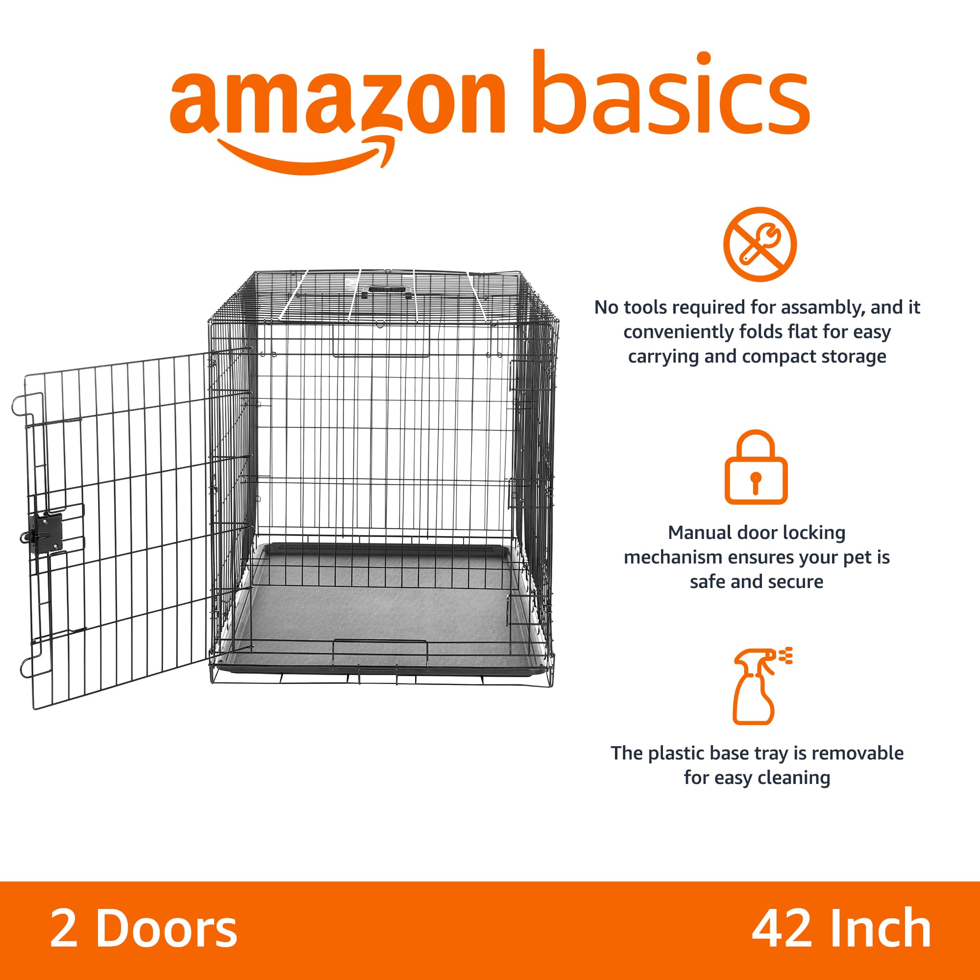 Amazon Basics Portable, Collapsible Metal Wire Dog Crate with Removable Tray, Double Door, Easy to Assemble, Divider Panel for Large Dogs, 42" x 28" x 30", Black