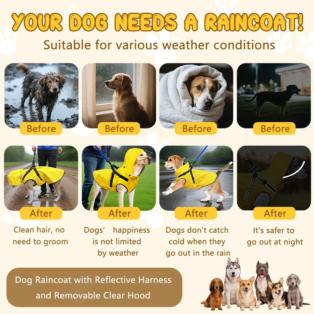 Dog Raincoat: Dog Rain Jacket with Reflective Harness & Removable Hood | Waterproof Dogs Rain Coat Poncho for Large Medium Small Dogs Puppies (Yellow - M)