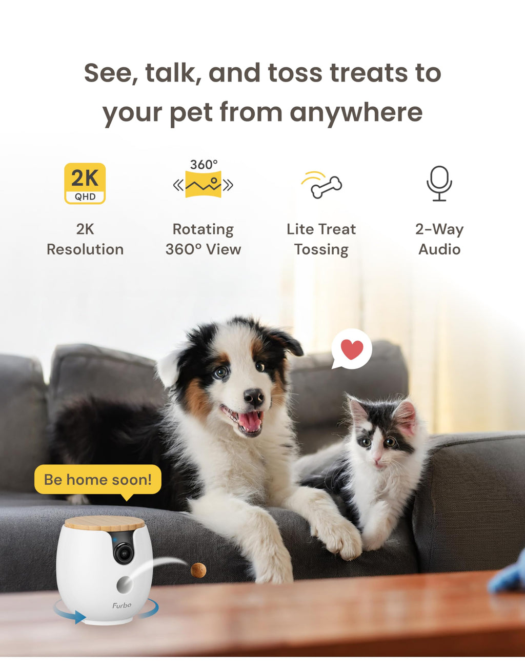 Furbo Mini 360° 2K QHD Pet Camera: Basic See, Talk & Toss Features, No AI Alerts, No Subscription Required, Dog & Cat Rotating Treat Dispenser w/Phone App, Smart Indoor Cam, 2-Way Audio & Night Vision