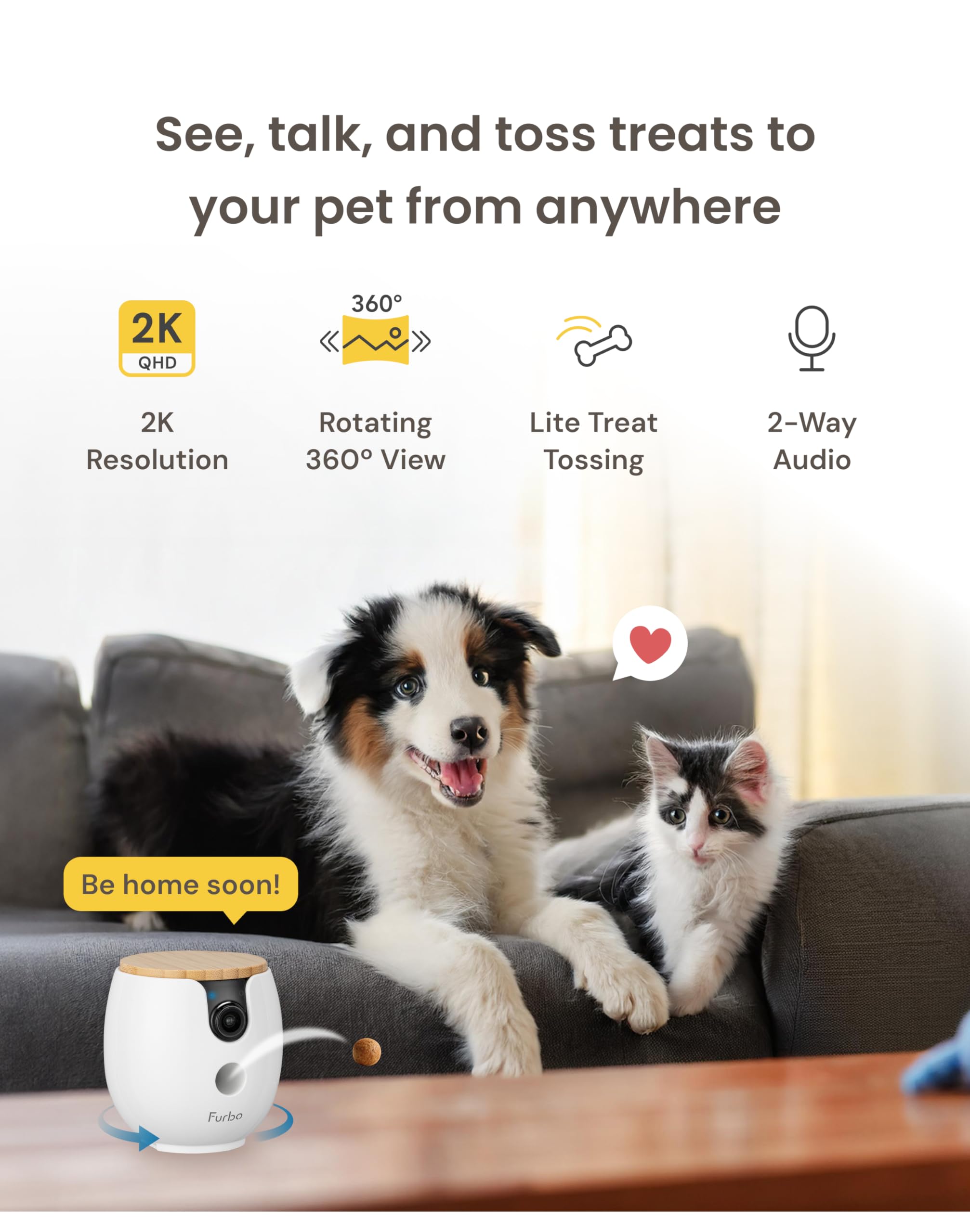Furbo Mini 360° 2K QHD Pet Camera: Basic See, Talk & Toss Features, No AI Alerts, No Subscription Required, Dog & Cat Rotating Treat Dispenser w/Phone App, Smart Indoor Cam, 2-Way Audio & Night Vision