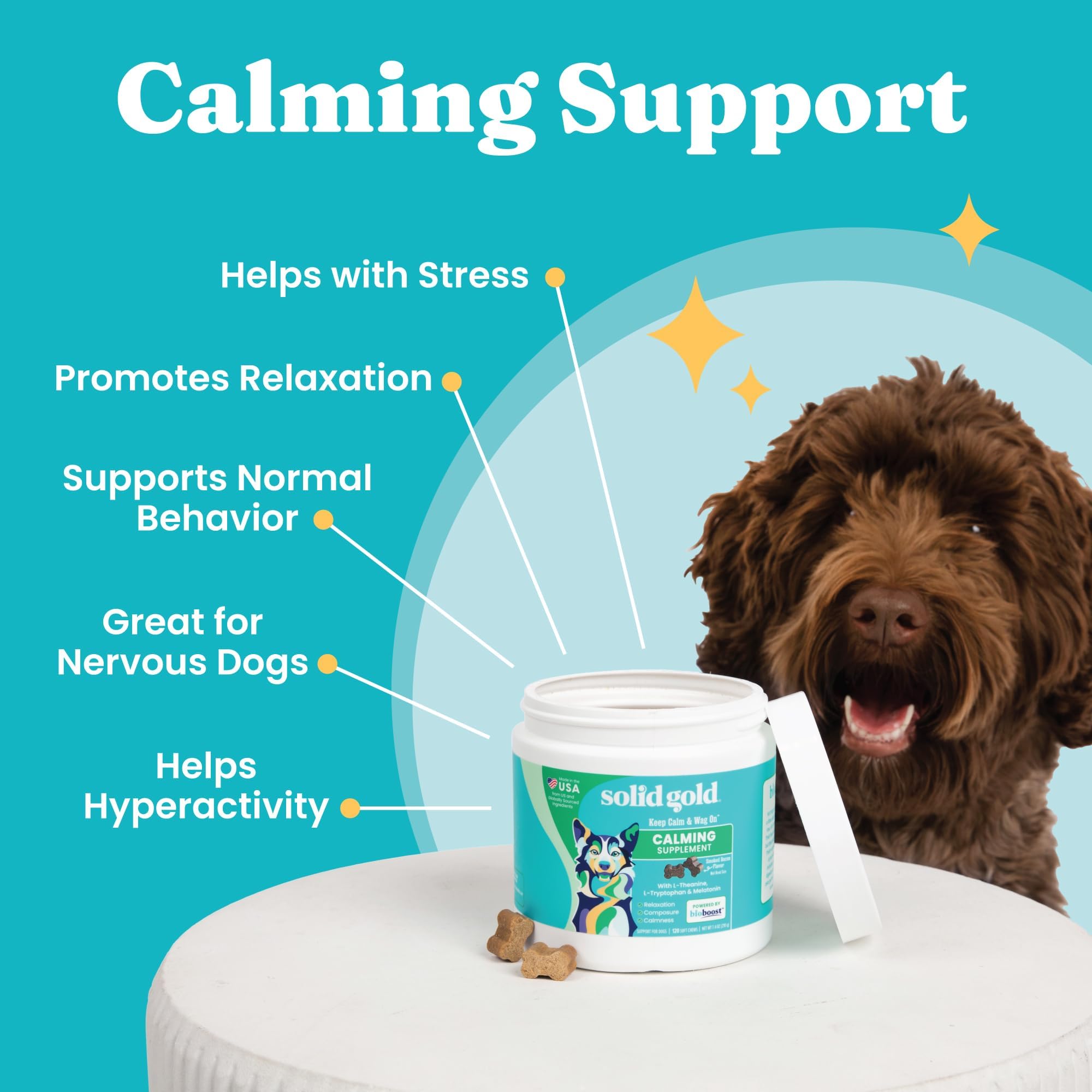 Solid Gold Calming Chews for Dogs - Dog Calming Chews w/Melatonin for Separation, Stress & Hyperactivity Relief - Supports Relaxation for Travel, Fireworks & Storms - All Ages & Sizes - Bacon 120ct