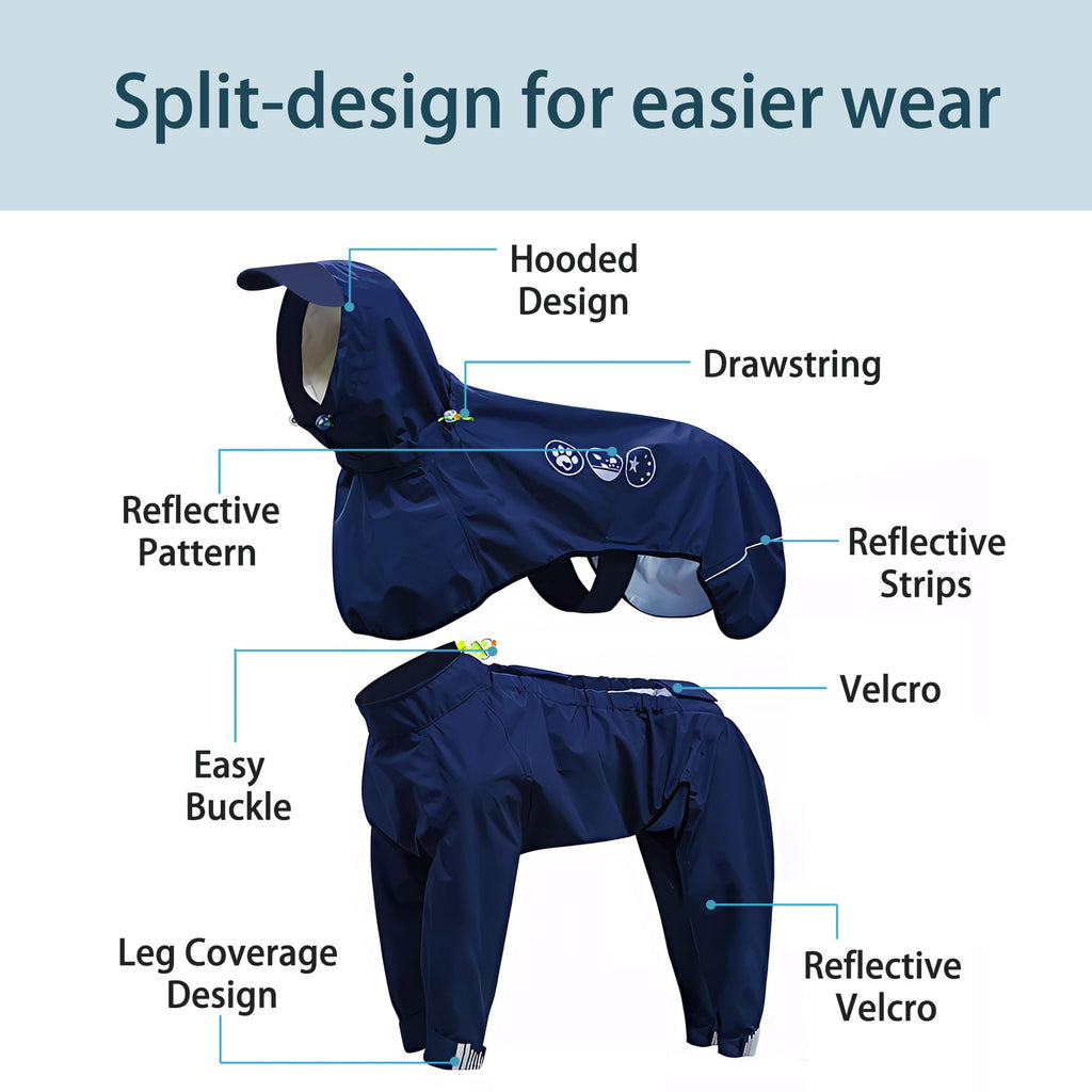 Dog Raincoat, Full-Body Hooded All-Weather Jacket, Waterproof and Windproof with Reflective Strips, Suitable for Large Dogs, L