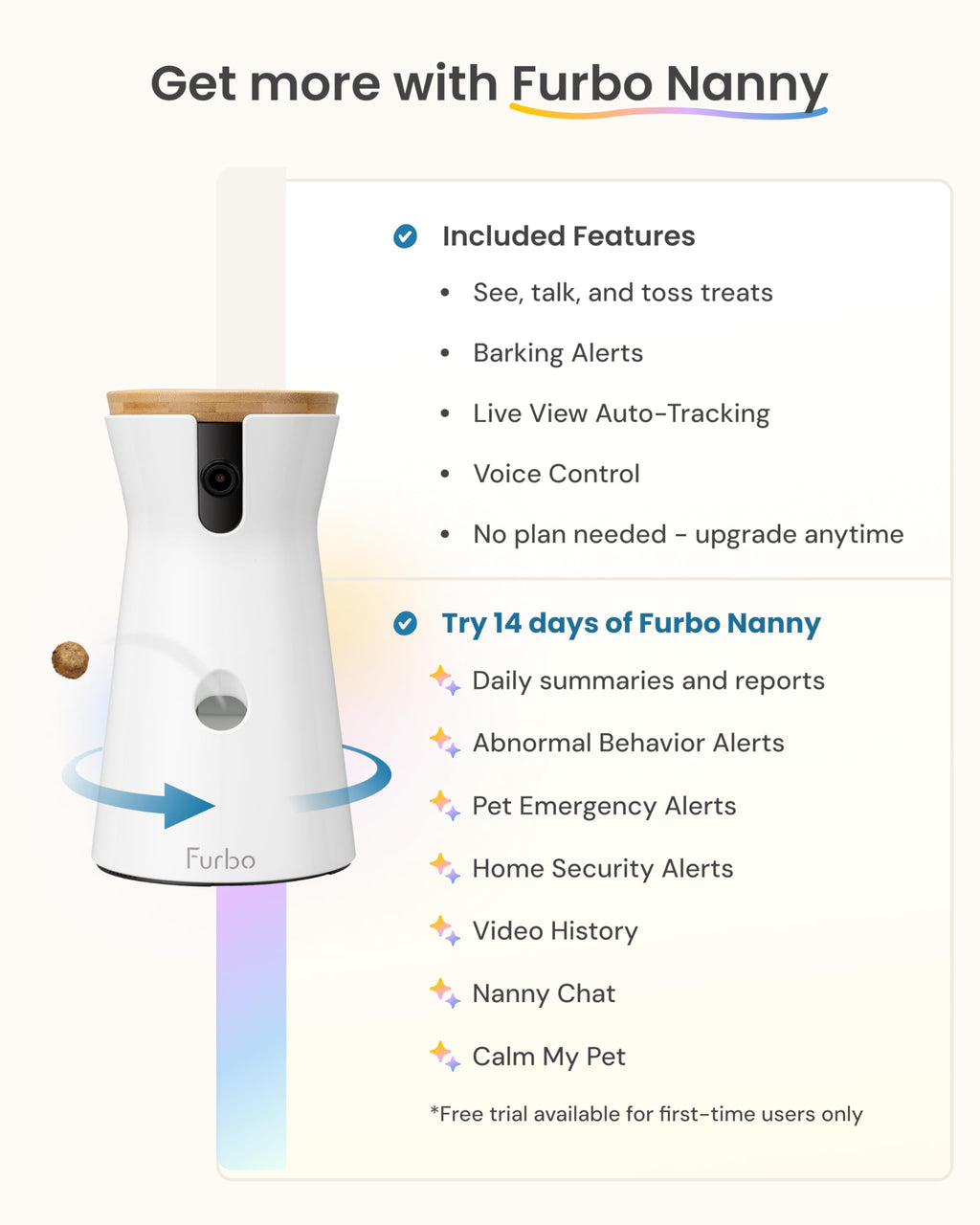 Furbo 360° Dog Camera: Basic See, Talk & Toss Features, No AI Alerts, No Subscription Required, Pet Security Cam w/Barking Alerts, Rotating View, Treat Toss, 2-Way Audio, Smart Home Puppy Monitoring