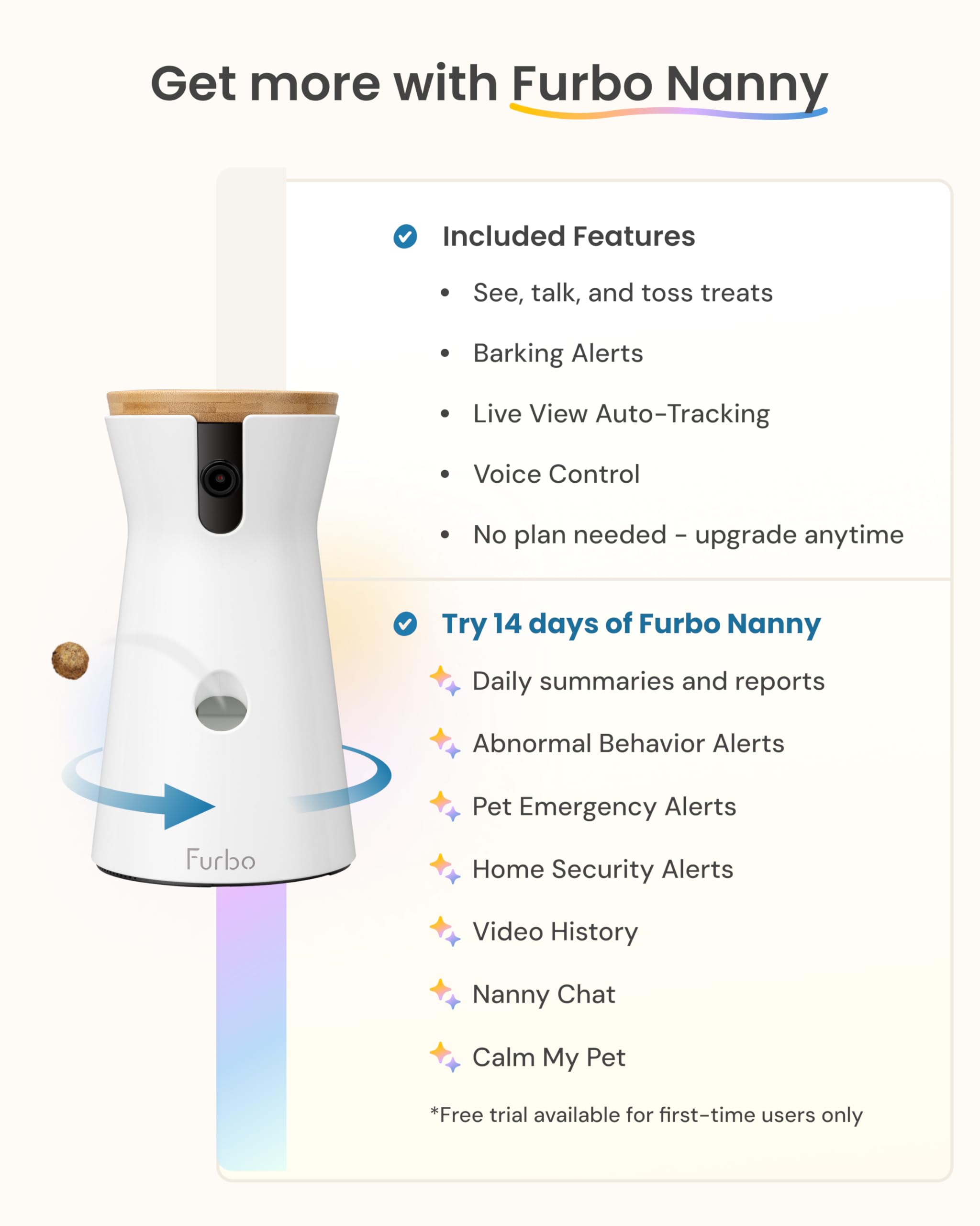 Furbo 360° Dog Camera: Basic See, Talk & Toss Features, No AI Alerts, No Subscription Required, Pet Security Cam w/Barking Alerts, Rotating View, Treat Toss, 2-Way Audio, Smart Home Puppy Monitoring