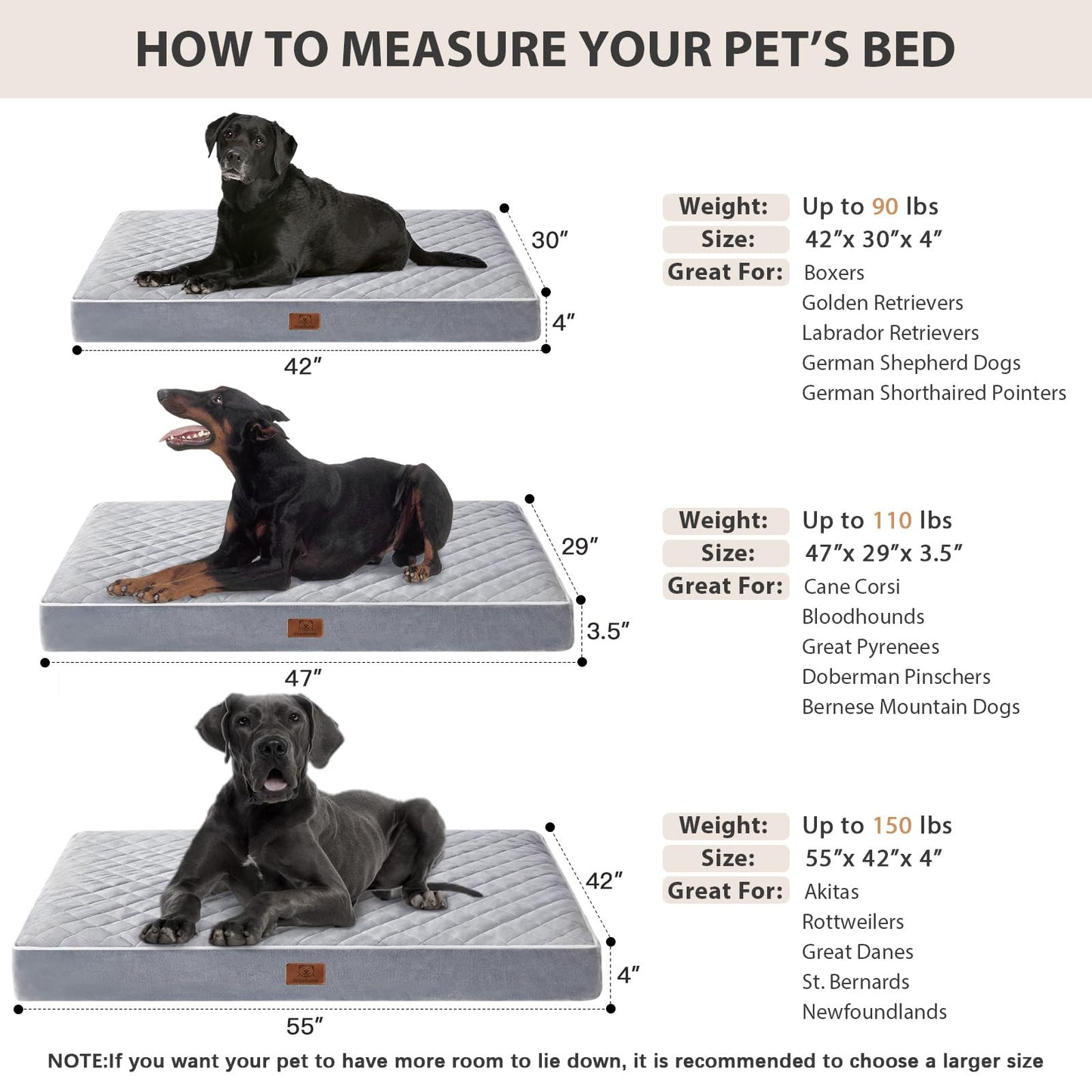 WNPETHOME Orthopedic Waterproof Extra Large Dogs Bed with Removable Washable Cover, Multi-Needle Quilting XL Crate Bed for Large Sized Dog, Light Grey