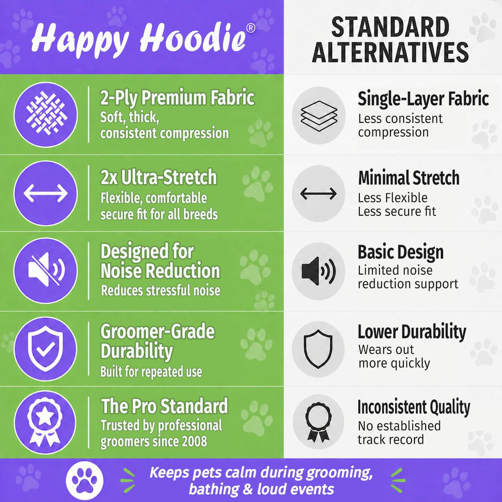 Happy Hoodie The Original Dog & Cat Calming Band - American Brand - Anxiety Relief/Noise Protection - Grooming - Thunder - Fireworks (Large, Black) - Since 2008