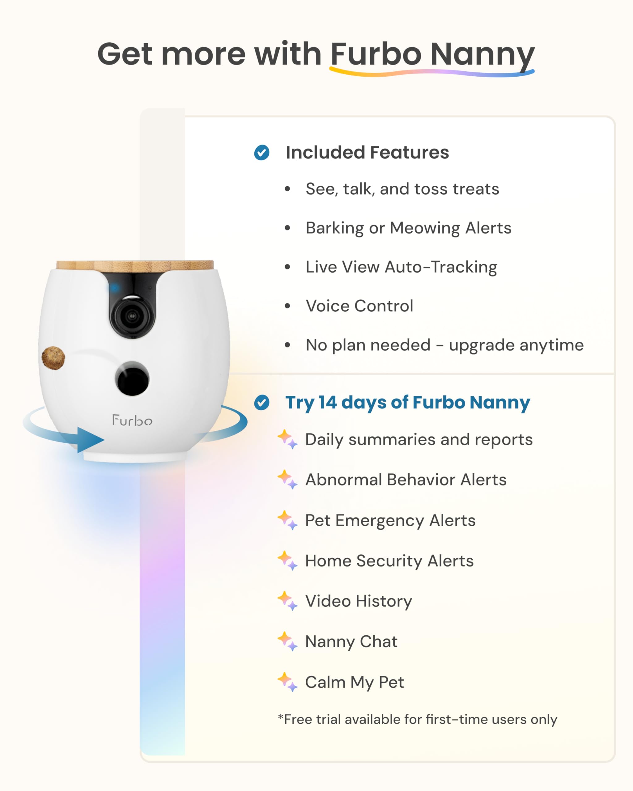 Furbo Mini 360° 2K QHD Pet Camera: Basic See, Talk & Toss Features, No AI Alerts, No Subscription Required, Dog & Cat Rotating Treat Dispenser w/Phone App, Smart Indoor Cam, 2-Way Audio & Night Vision