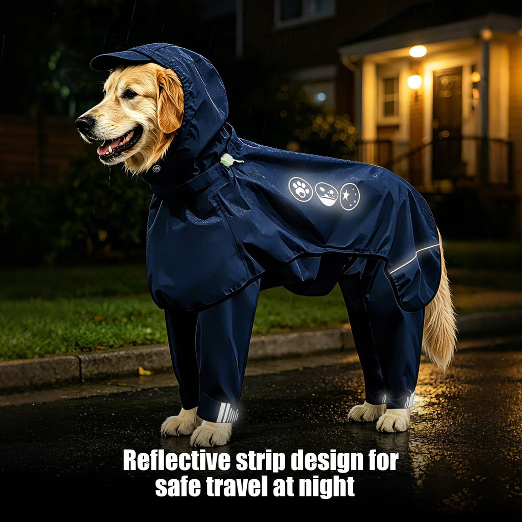 Dog Raincoat, Full-Body Hooded All-Weather Jacket, Waterproof and Windproof with Reflective Strips, Suitable for Large Dogs, L