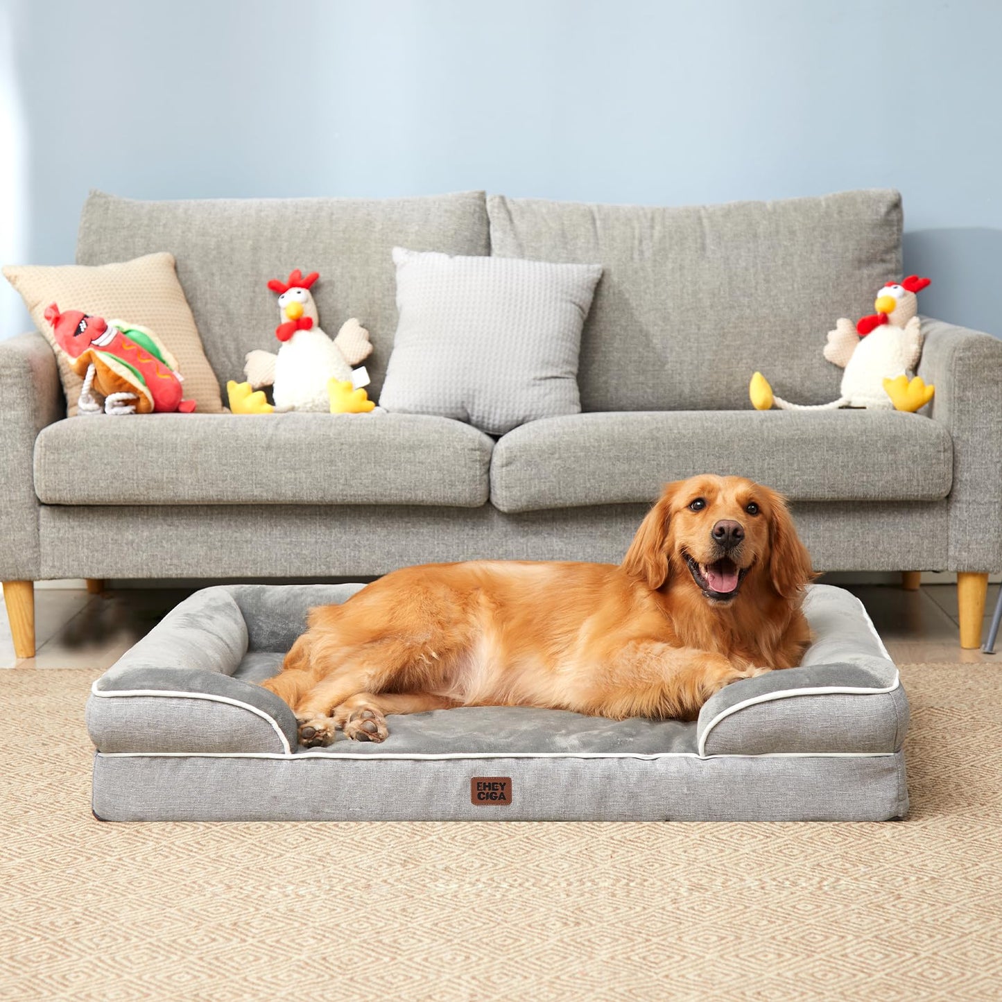 EHEYCIGA Orthopedic Dog Beds for Extra Large Dogs 44x32Inch, Polyurethane Foam XL Pet Bed with Sides, Non-Slip and Egg-Crate Foam Big Dog Couch Bed with Washable Removable Cover, Grey