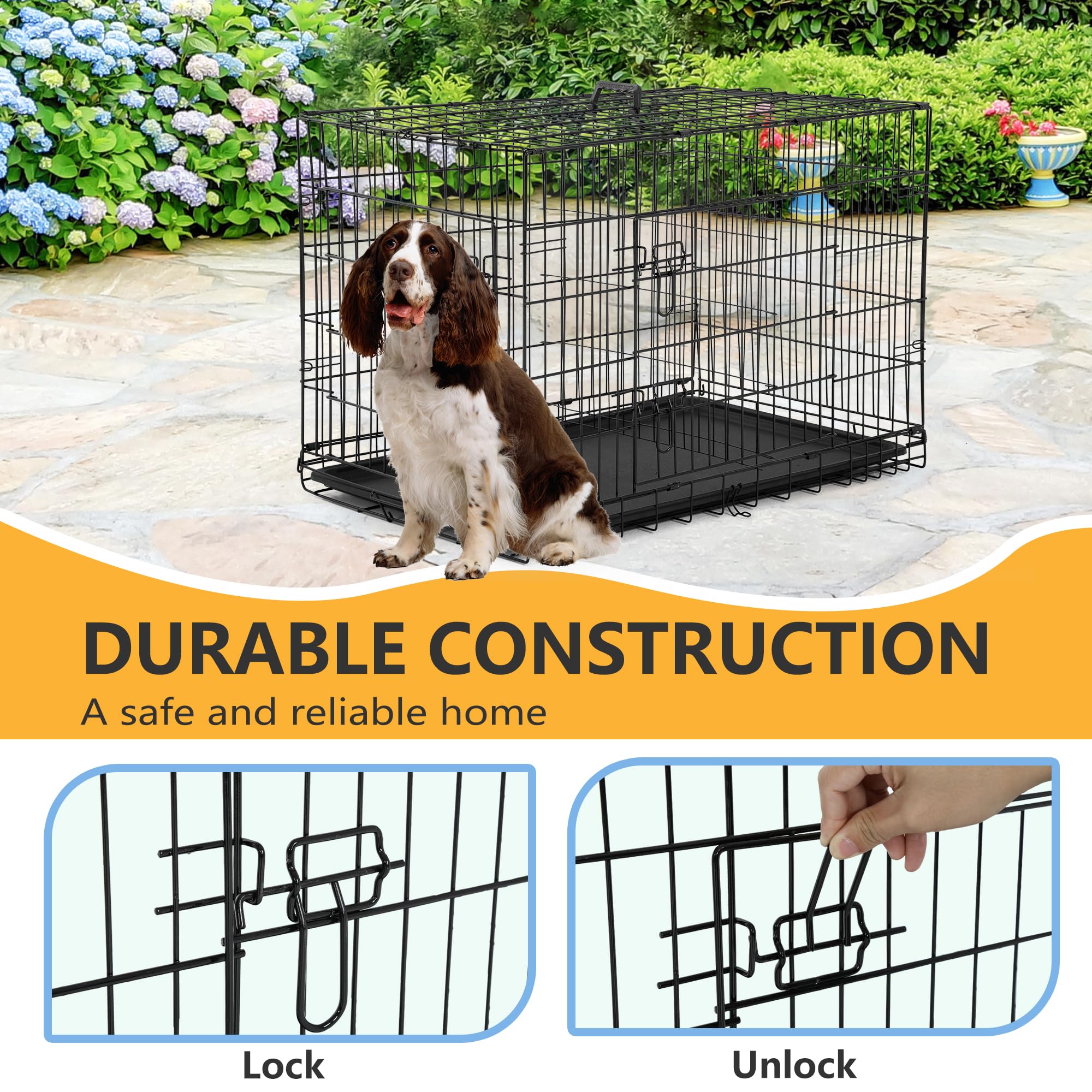 FDW Dog Crate Dog Kennel Cage with Double Door,36 inch Folding Metal Wire Dog Cage with Removable Tray&Divider Panel,Pet Crate for Medium Dogs,Black