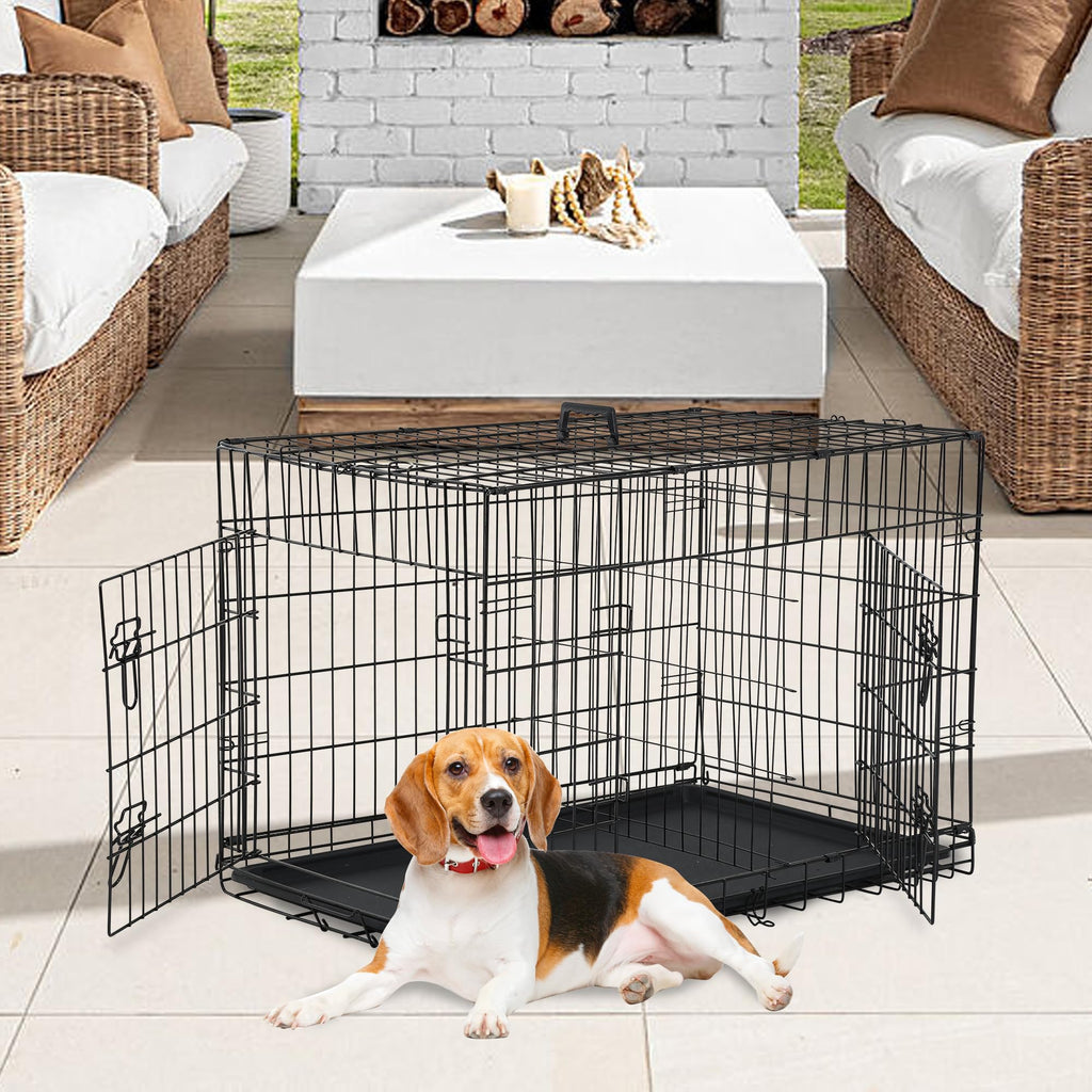 FDW Dog Crate Dog Kennel Cage with Double Door,36 inch Folding Metal Wire Dog Cage with Removable Tray&Divider Panel,Pet Crate for Medium Dogs,Black