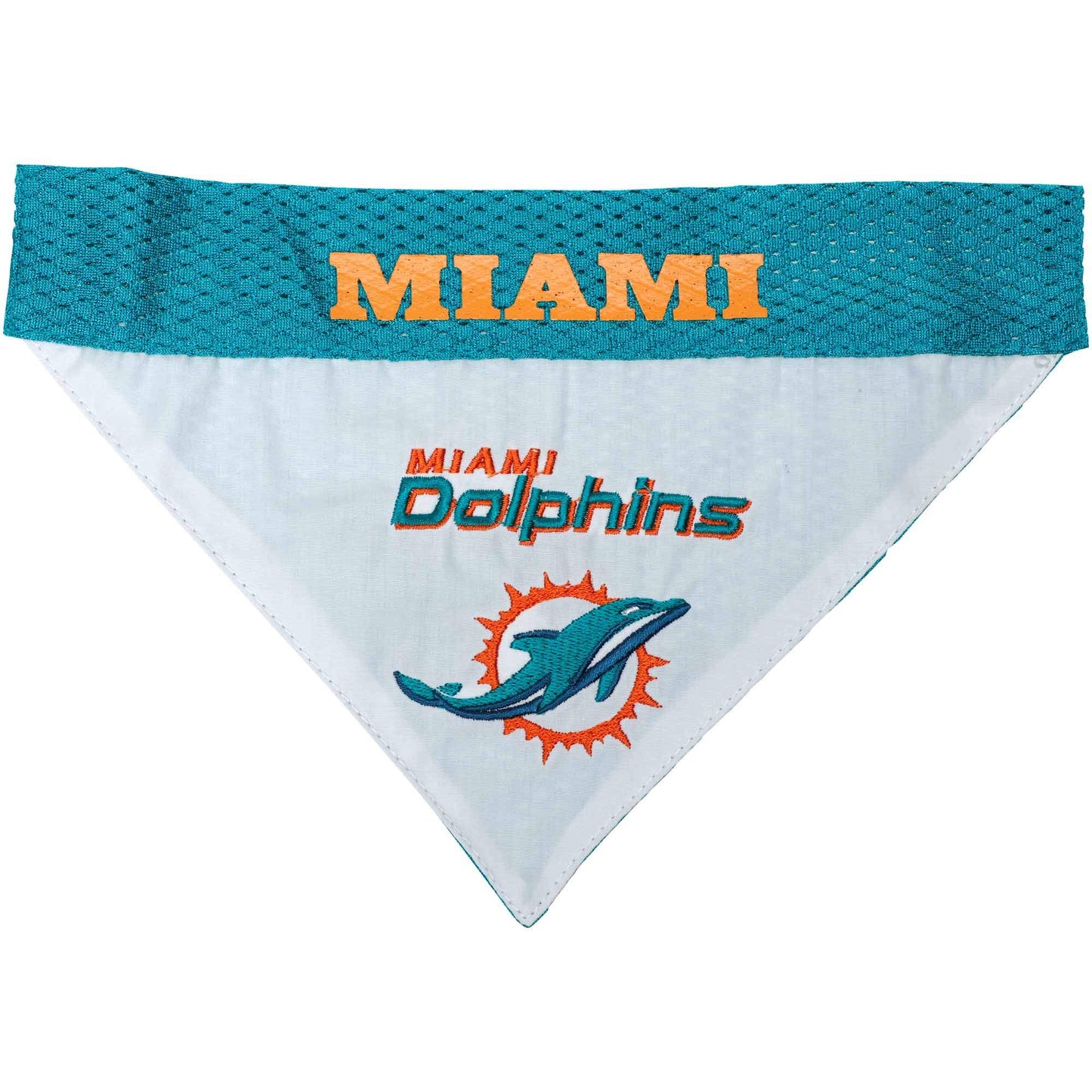 NFL DOG BANDANA - MIAMI DOLPHINS REVERSIBLE PET BANDANA. 2 Sided Sports Bandana with a PREMIUM Embroidery TEAM LOGO, Large/X-Large. - 2 Sizes & 32 NFL Teams available