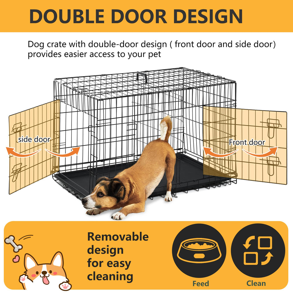 FDW Dog Crate Dog Kennel Cage with Double Door,36 inch Folding Metal Wire Dog Cage with Removable Tray&Divider Panel,Pet Crate for Medium Dogs,Black