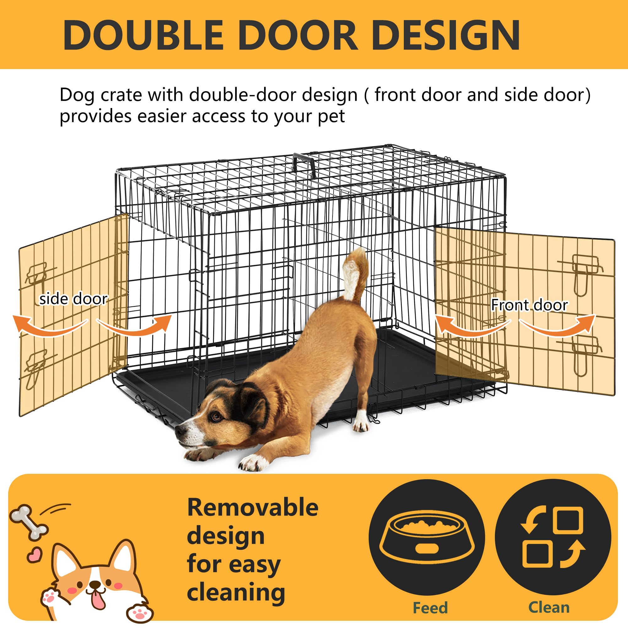 FDW Dog Crate Dog Kennel Cage with Double Door,36 inch Folding Metal Wire Dog Cage with Removable Tray&Divider Panel,Pet Crate for Medium Dogs,Black
