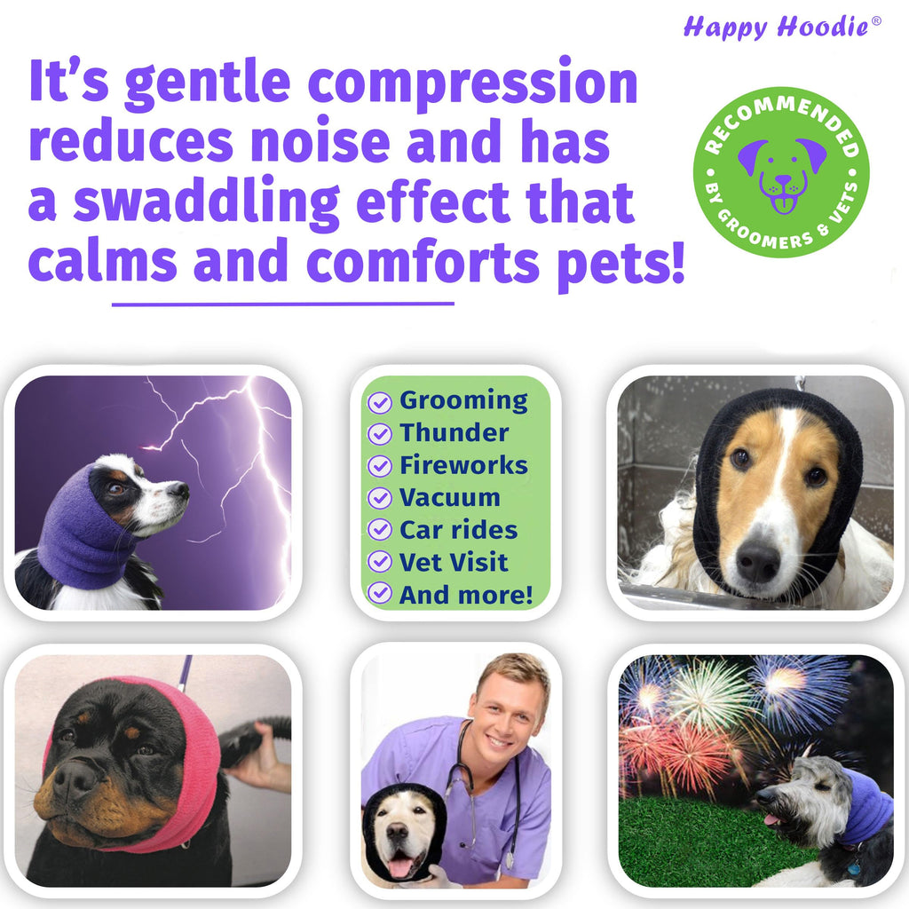 Happy Hoodie The Original Dog & Cat Calming Band - American Brand - Anxiety Relief/Noise Protection - Grooming - Thunder - Fireworks (Large, Black) - Since 2008