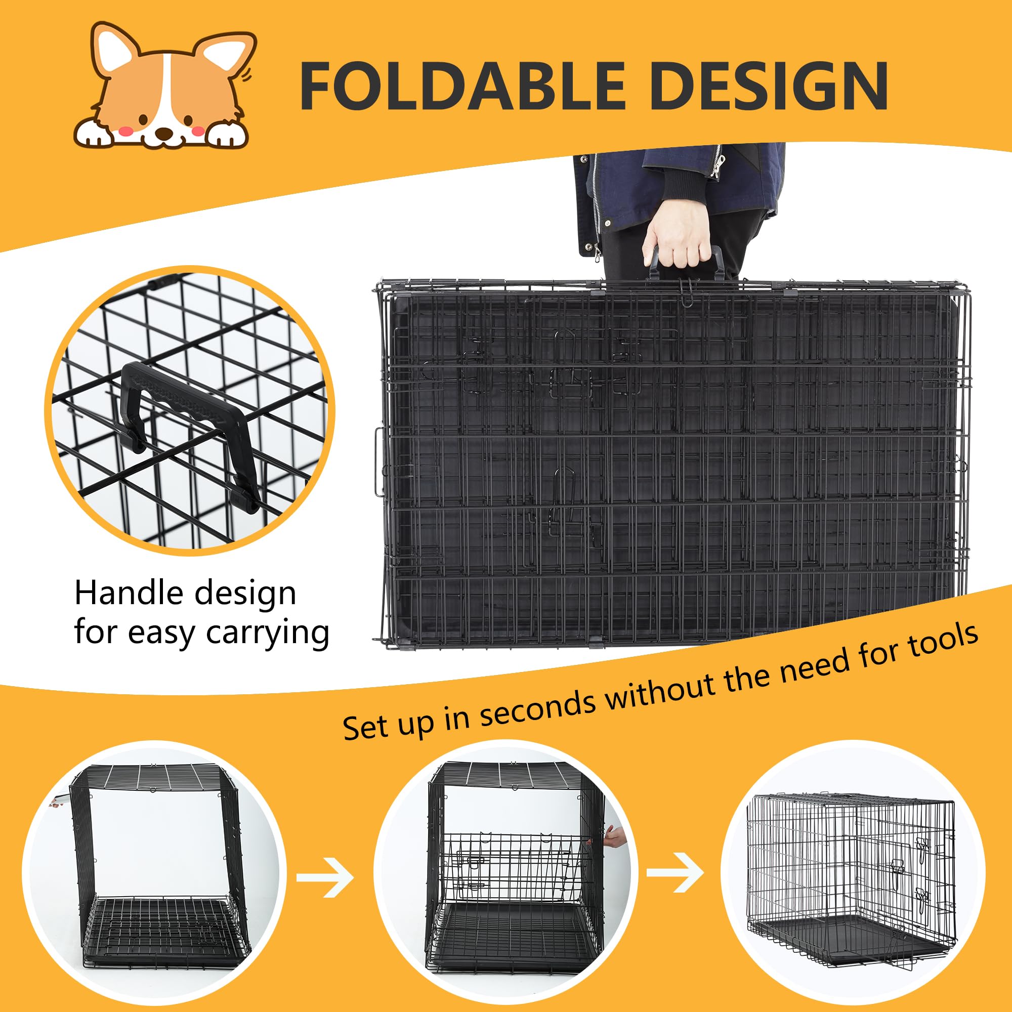 FDW Dog Crate Dog Kennel Cage with Double Door,36 inch Folding Metal Wire Dog Cage with Removable Tray&Divider Panel,Pet Crate for Medium Dogs,Black