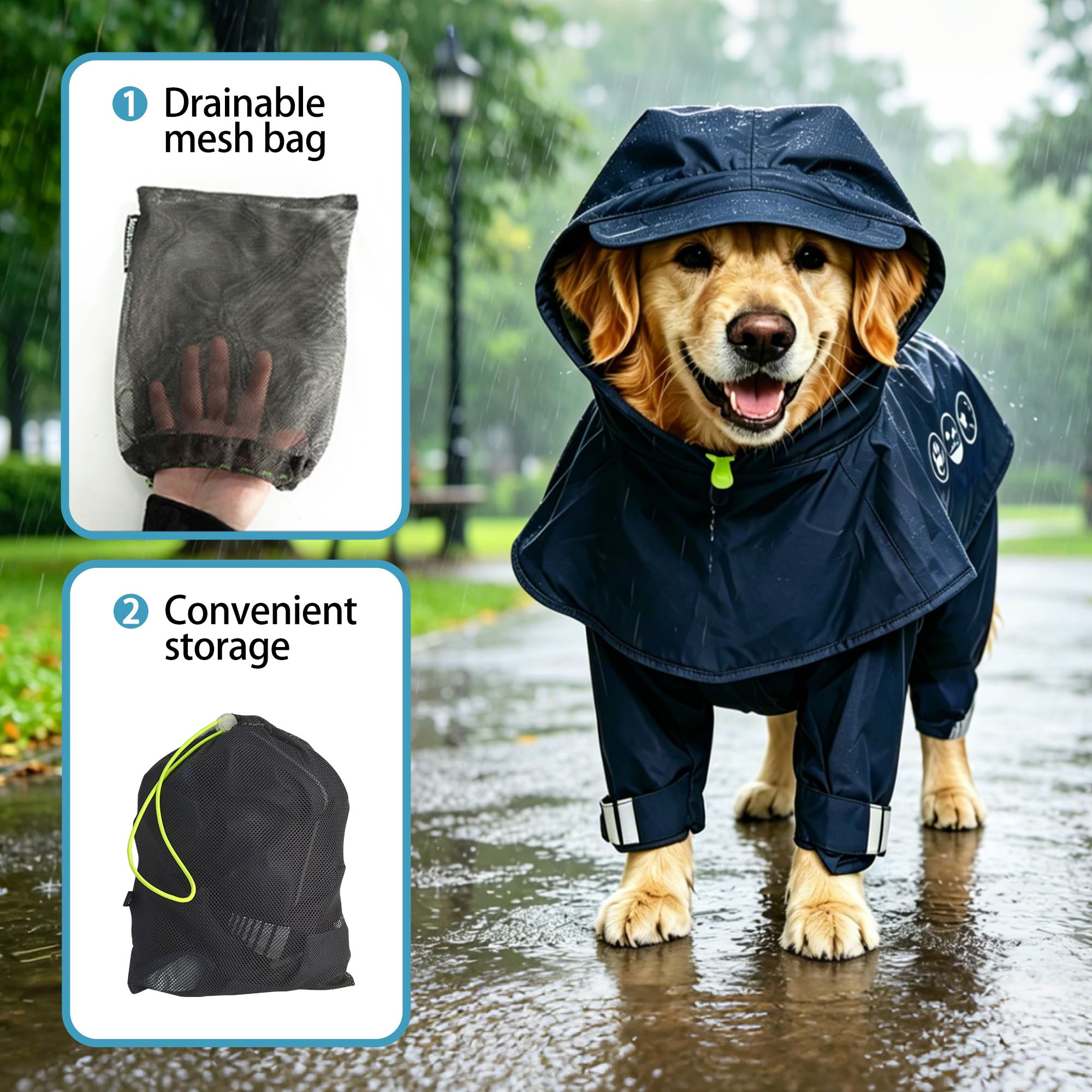 Dog Raincoat, Full-Body Hooded All-Weather Jacket, Waterproof and Windproof with Reflective Strips, Suitable for Large Dogs, L