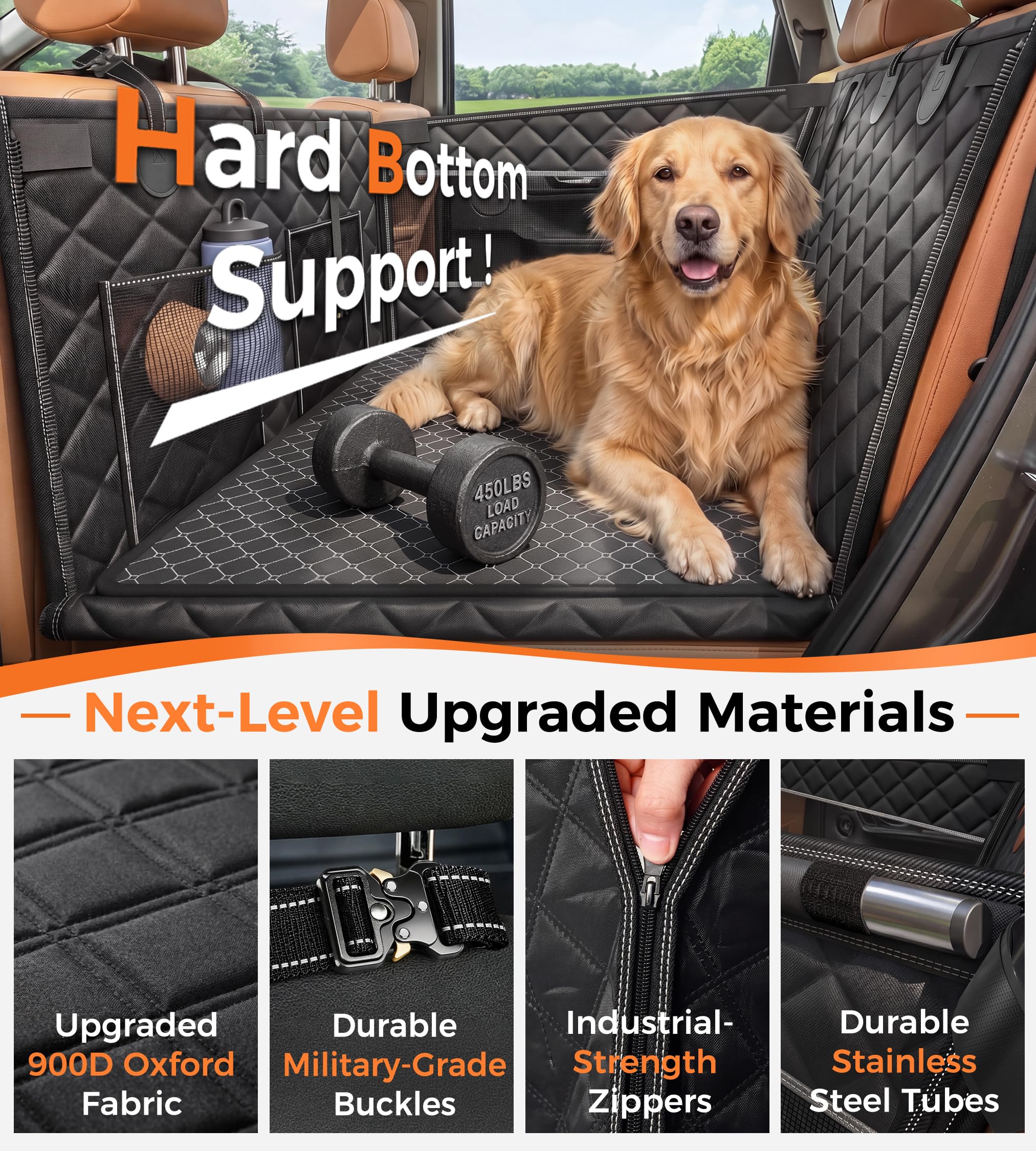 Doglike UNBREAK Hard Bottom Dog Car Seat for Back Seat [Military-Grade Protection], 450LB Ultra-Support Back Seat Extender for Dogs Carseat, Passenger Frinedly Waterproof Pet Carseat XL Size