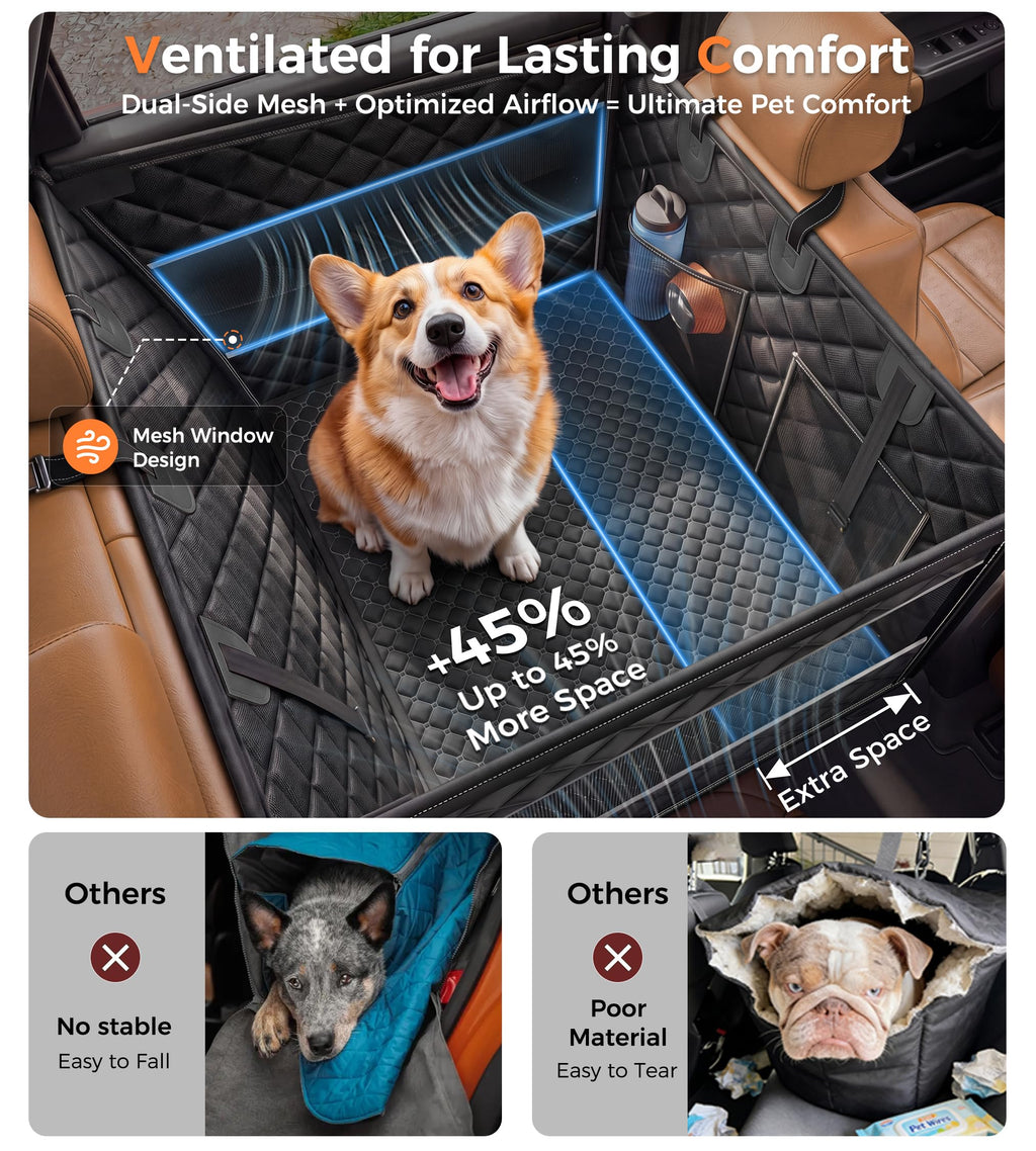 Doglike UNBREAK Hard Bottom Dog Car Seat for Back Seat [Military-Grade Protection], 450LB Ultra-Support Back Seat Extender for Dogs Carseat, Passenger Frinedly Waterproof Pet Carseat XL Size