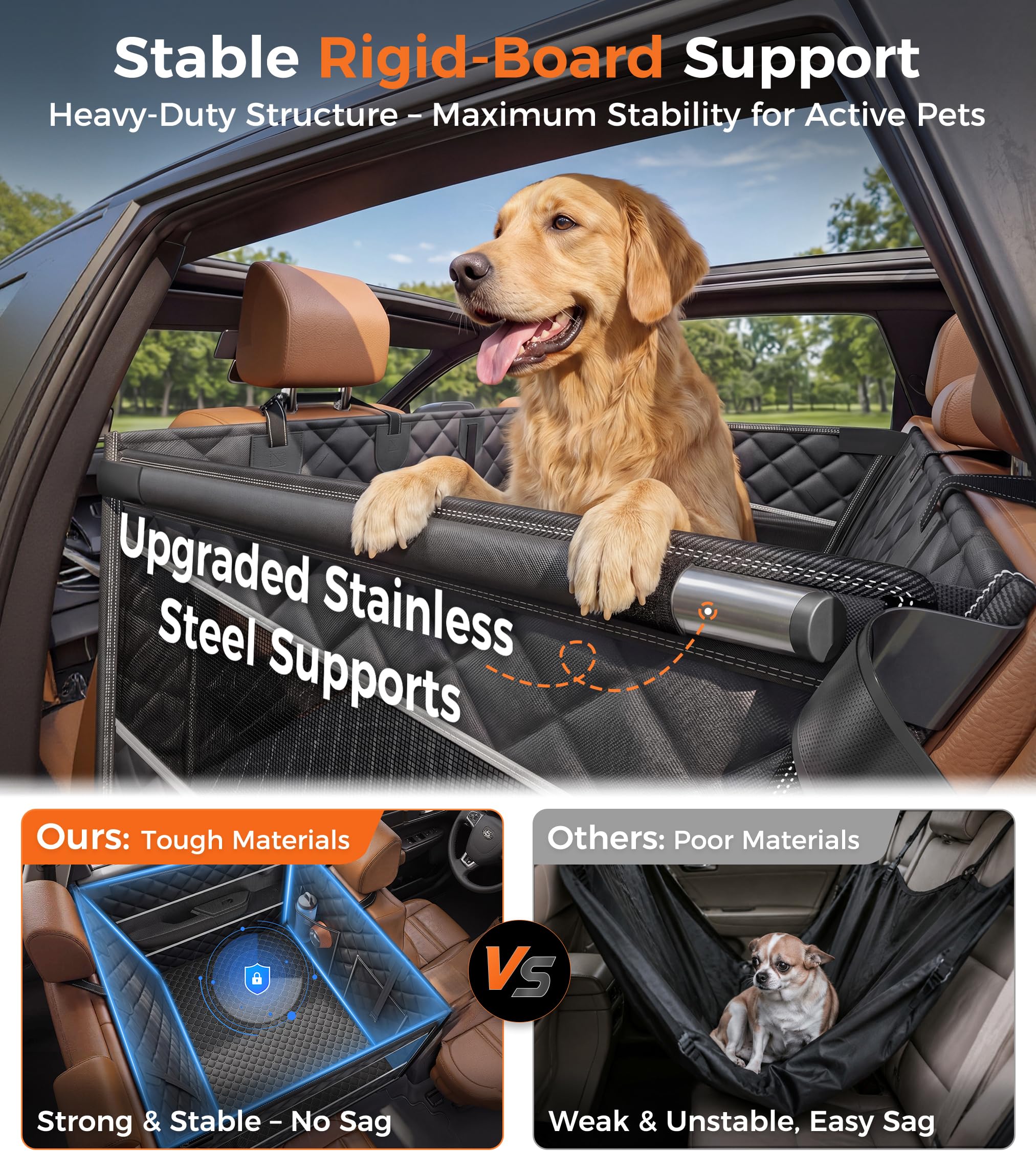 Doglike UNBREAK Hard Bottom Dog Car Seat for Back Seat [Military-Grade Protection], 450LB Ultra-Support Back Seat Extender for Dogs Carseat, Passenger Frinedly Waterproof Pet Carseat XL Size