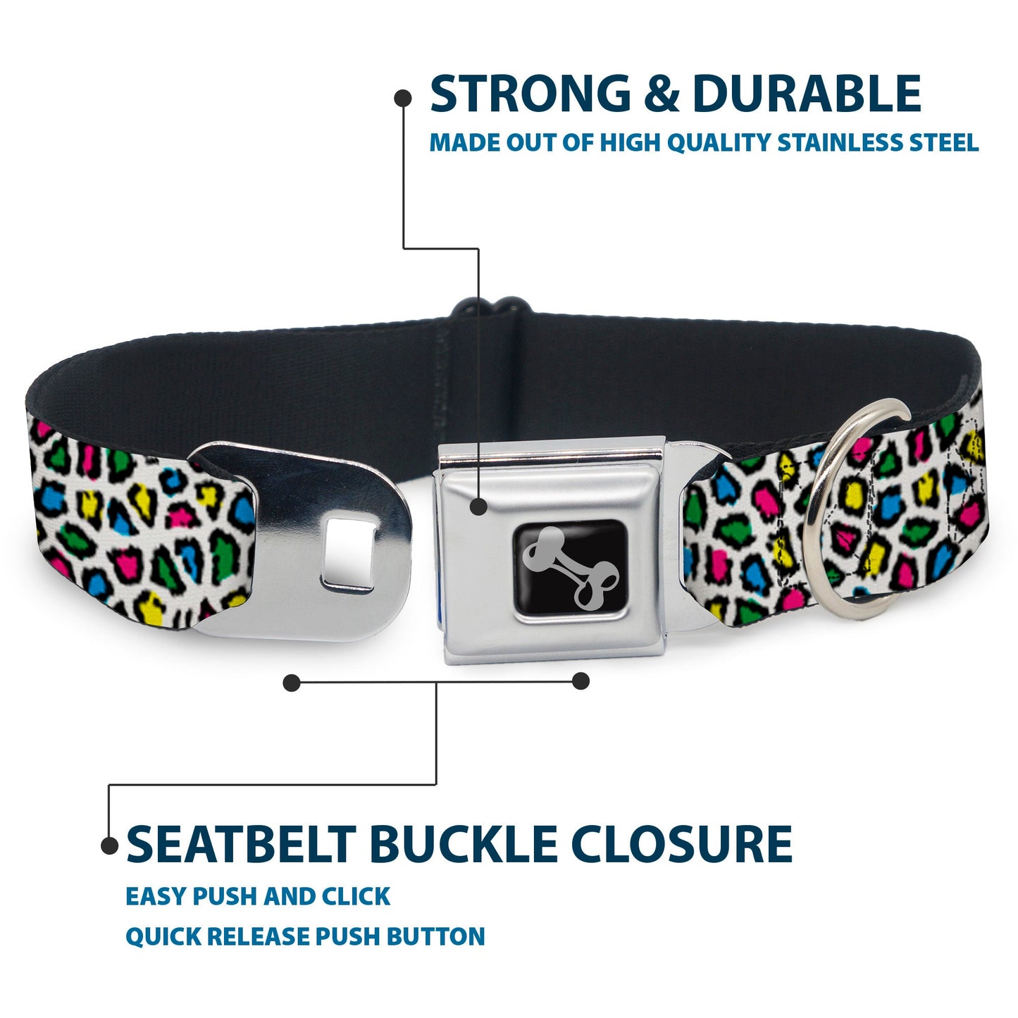 Dog Bone Seatbelt Buckle Collar - Leopard White/Multi Color