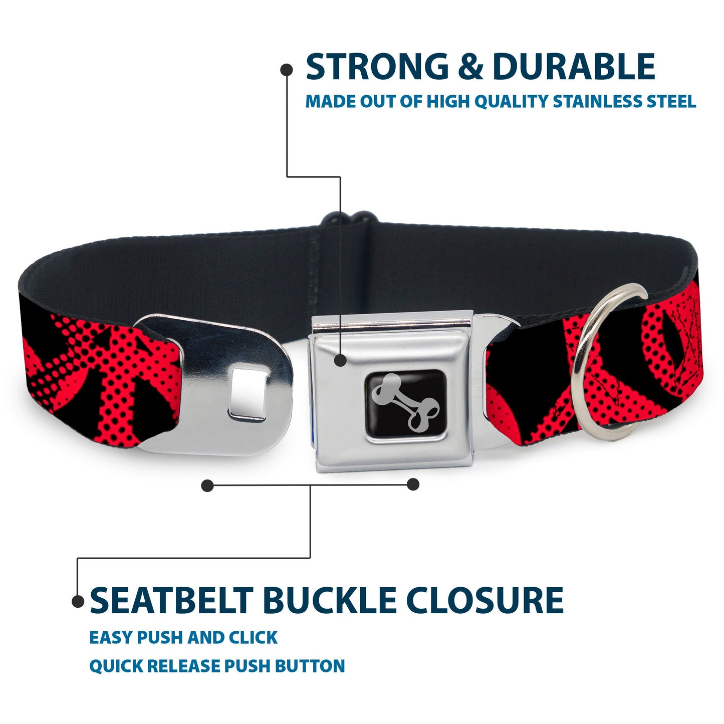 Dog Bone Seatbelt Buckle Collar - Peace Dots Black/Fuchsia