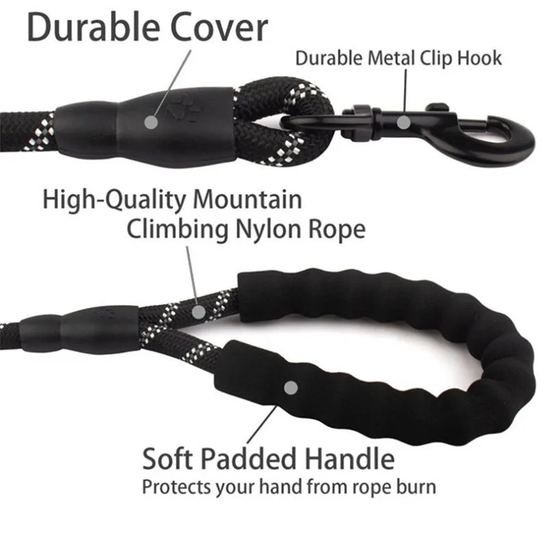 Reflective Dog Leash With Comfortable Padded Handle - Double Heavy Duty Traction Rope For Strong Dogs - Enhance Safety and Control