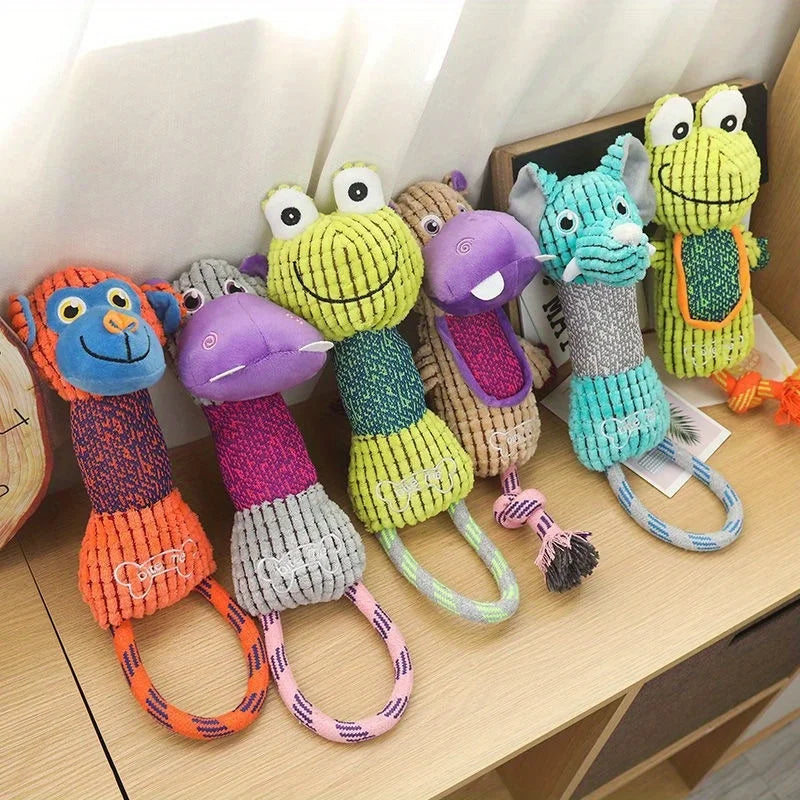 Squeaky Corduroy Animal Dog Toy | Bite-Resistant Plush | Frog, Hippo, Monkey & Elephant