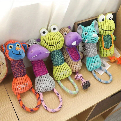 Squeaky Corduroy Animal Dog Toy | Bite-Resistant Plush | Frog, Hippo, Monkey & Elephant