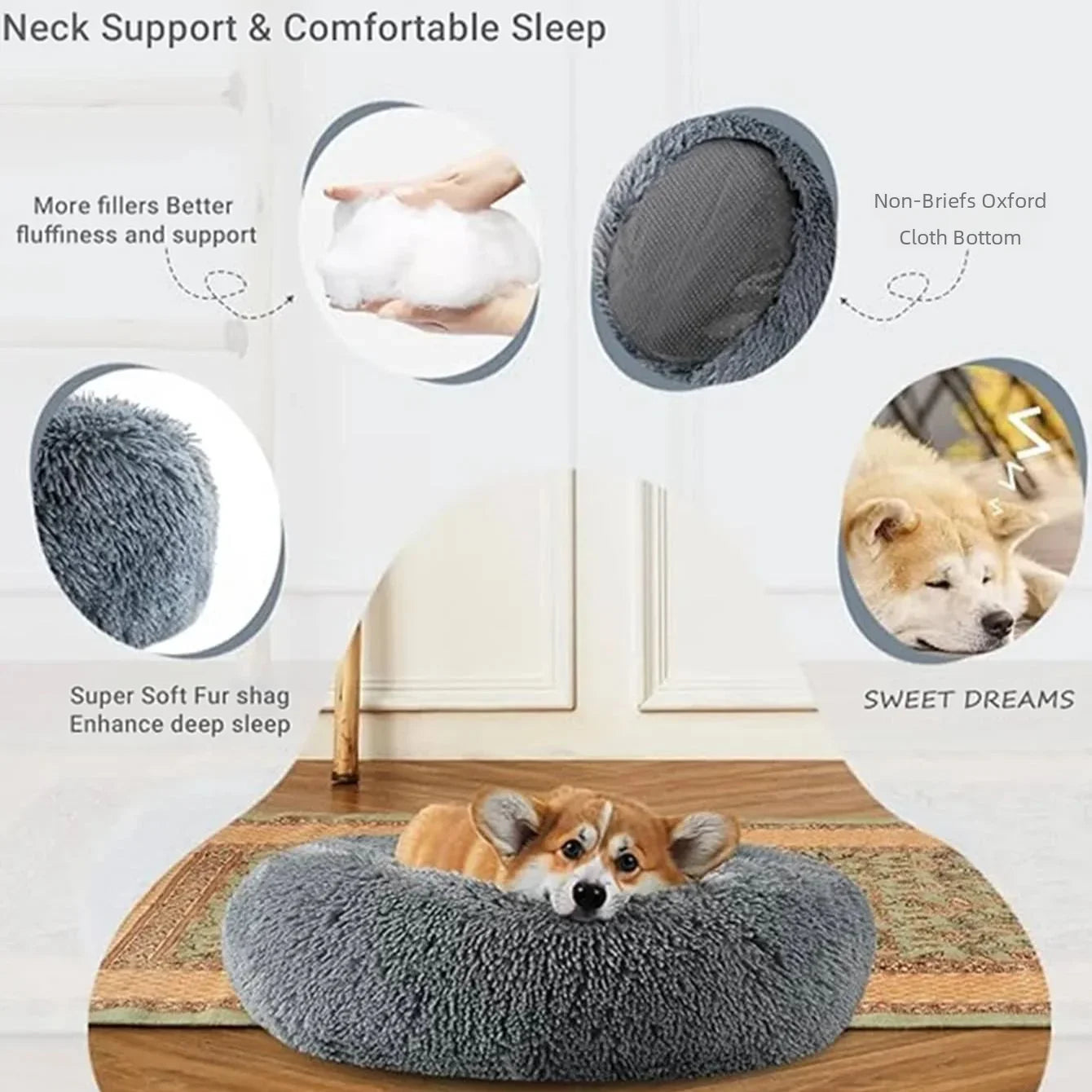 Round Plush Dog & Cat Bed | Non-Slip | Machine Washable | 6 Sizes