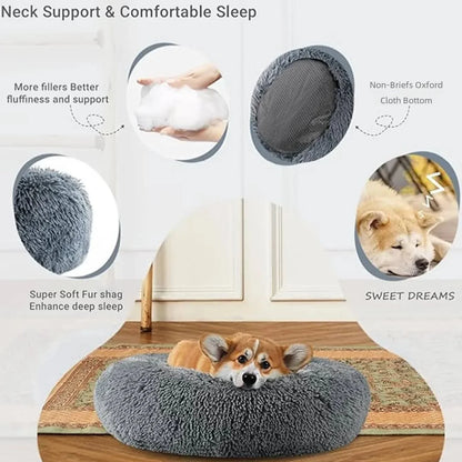 Round Plush Dog & Cat Bed | Non-Slip | Machine Washable | 6 Sizes