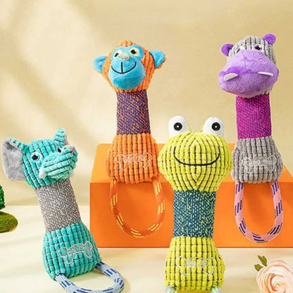 Squeaky Corduroy Animal Dog Toy | Bite-Resistant Plush | Frog, Hippo, Monkey & Elephant