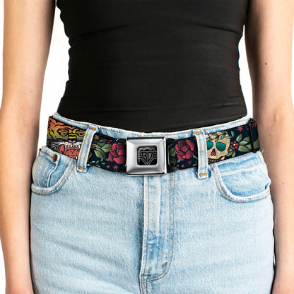 BD Wings Logo CLOSE-UP Full Color Black Silver Seatbelt Belt - Death Before Dishonor CLOSE-UP Black Webbing