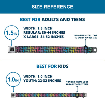 BD Wings Logo CLOSE-UP Full Color Black Silver Seatbelt Belt - Houndstooth Black/Rainbow Webbing