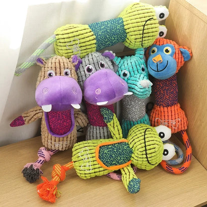 Squeaky Corduroy Animal Dog Toy | Bite-Resistant Plush | Frog, Hippo, Monkey & Elephant