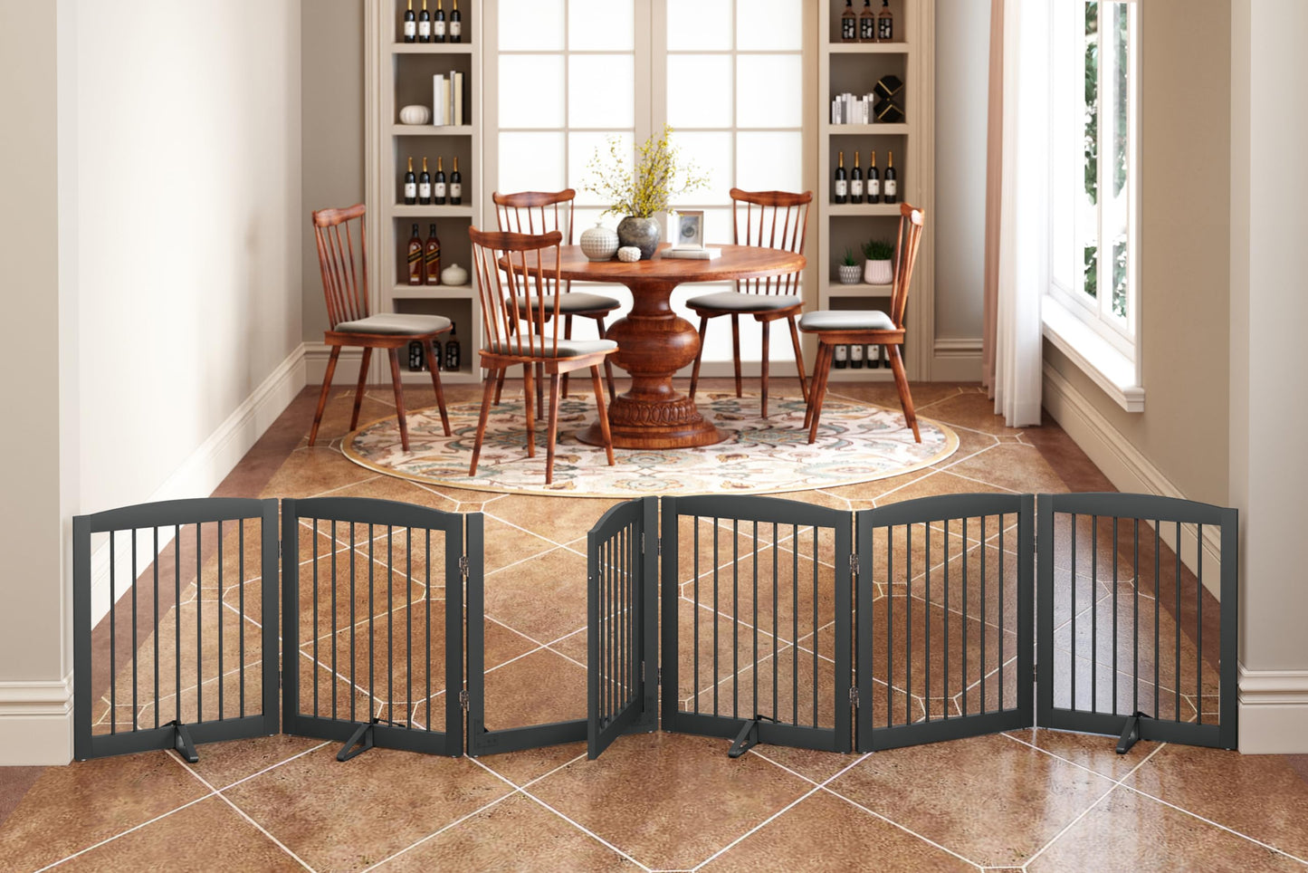 PUPETPO Freestanding Pet Gates with Walk Through Door Dog Indoor Fence Dog Gate for The House Doorway Stairs Extra Wide Dog Gate Support Feet Included 120 Inch Wide 6 Panels 24" Tall Gray