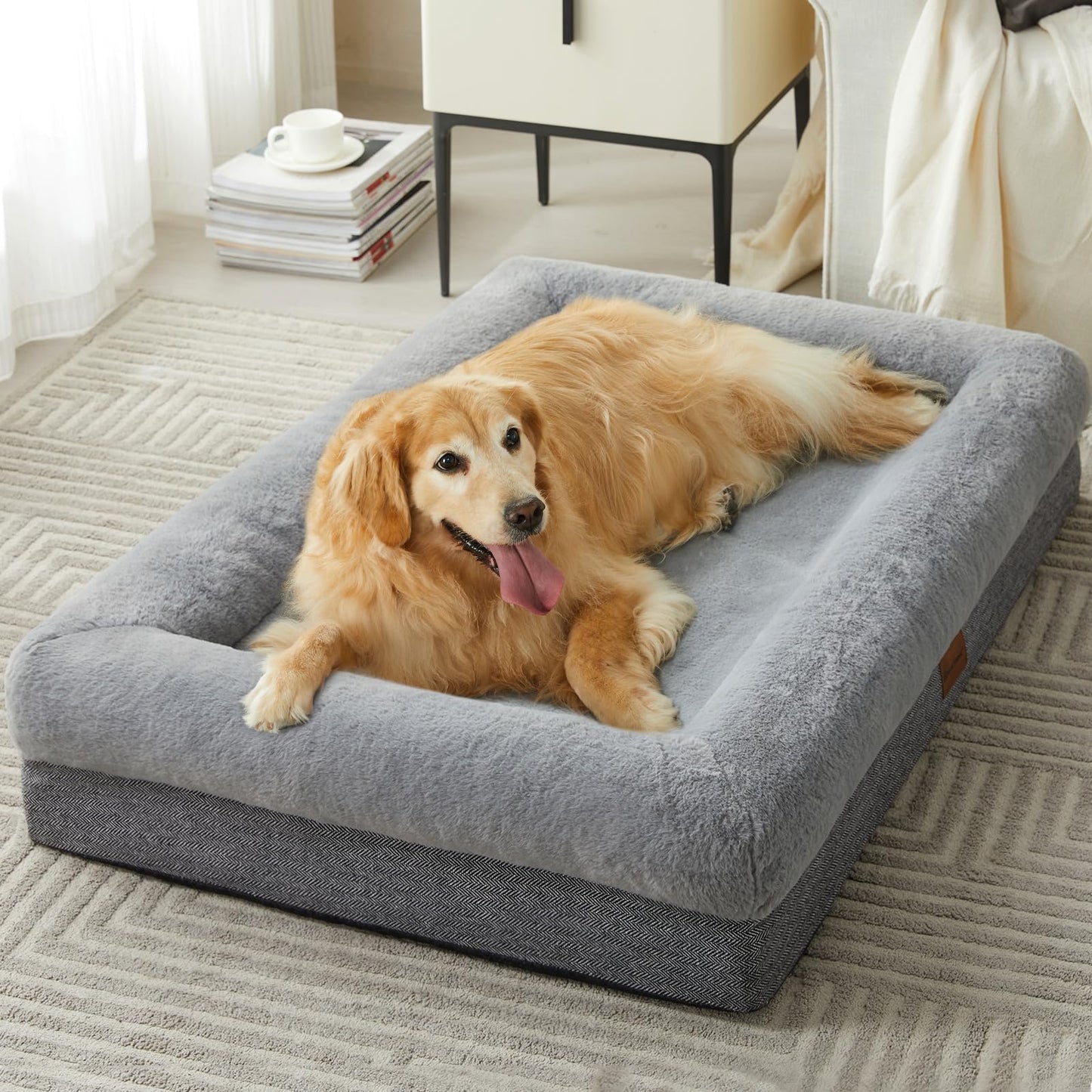 BFPETHOME XXL Orthopedic Dog Bed (45" x 35" x 7") – Faux Rabbit Fur Bolster Bed with Waterproof Cover
